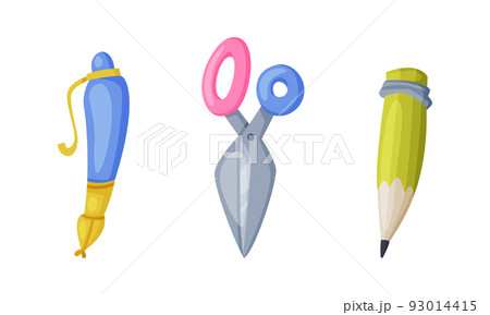 Set of school supplies. Pen, scissors, pencil stationery. Back to school concept cartoon vector illustration Set of school supplies. Pen, scissors, pencil stationery. Back to school concept cartoon vector illustration 93014415