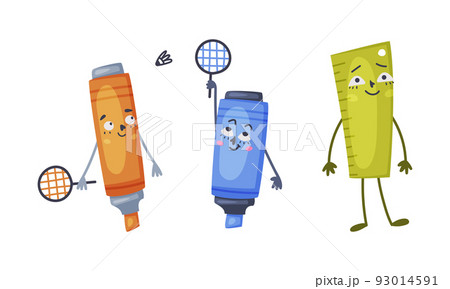 Set of funny school supplies characters. Highlighter, crayon, ruler stationery mascots with cute faces cartoon vector illustration 93014591
