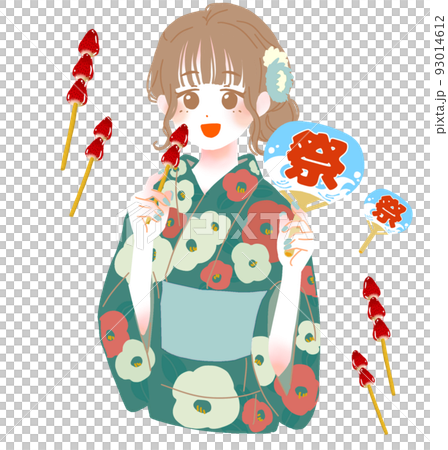 A woman in a yukata with strawberry candy and a fan 93014612
