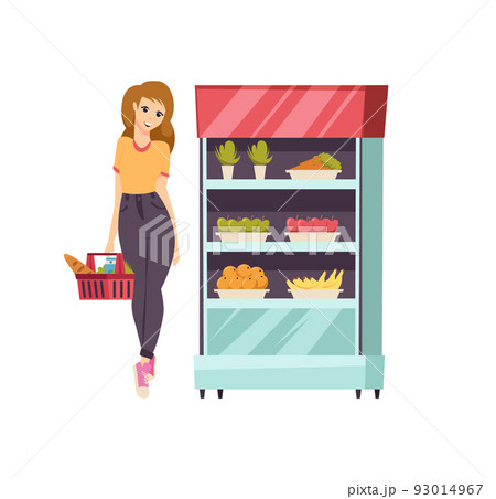 Food Shopping Woman with Basket and Meal Vector 93014967