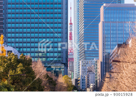 「東京都」ビルの隙間から見える東京タワー 「東京都」ビルの隙間から見える東京タワー 93015928