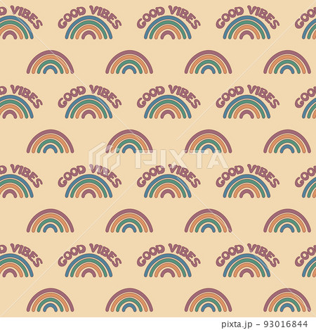 Groovy rainbows pattern. Good vibes concept. Seamless trendy retro background with smiles. Repeat vintage pattern. Vector illustration Groovy rainbows pattern. Good vibes concept. Seamless trendy retro background with smiles. Repeat vintage pattern. Vector illustration 93016844