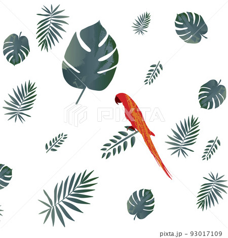 Macaw bird and tropical green leaf pattern background 93017109