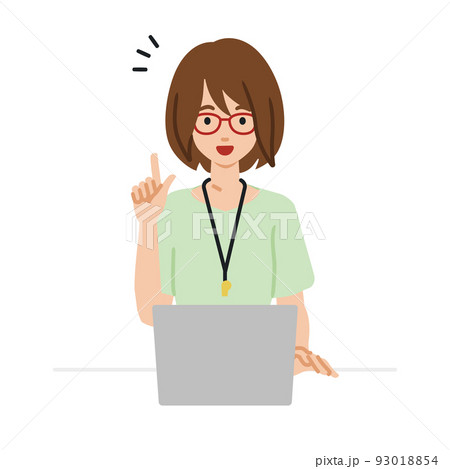 デスクで座ってPCを開いて何かひらめいた教師の女性 93018854