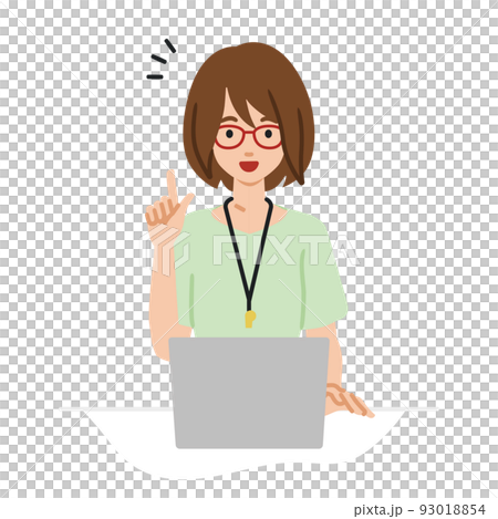 デスクで座ってPCを開いて何かひらめいた教師の女性 93018854