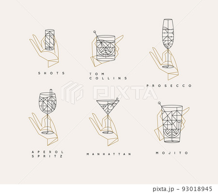 Set of hands holding cocktails art deco 93018945