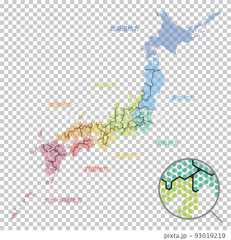 ドットで描かれた日本地図 地方別に塗り分け 都道府県境入り ドット大きめ 93019219