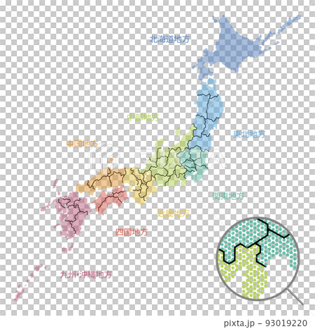 Map of Japan drawn with dots Colored by region Entering prefectural borders Smaller dots 93019220