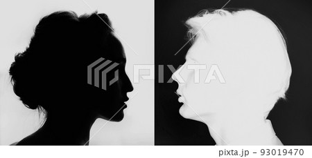 Pair couple man and woman profile portrait face to face. Family psychologist and healthy relationships concept. Understanding and patience. Pair couple man and woman profile portrait face to face. Family psychologist and healthy relationships concept. Understanding and patience. 93019470