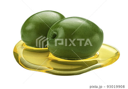 Green olives with extra virgin oil spot isolated on white background Green olives with extra virgin oil spot isolated on white background 93019908