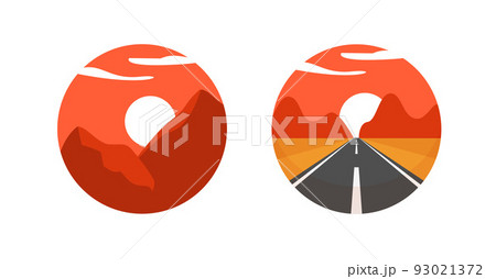 Mountain logo travel vector with path road or adventure sunrise landscape with hills icon for camp sport expedition outdoor badge label flat cartoon illustration round circle image 93021372
