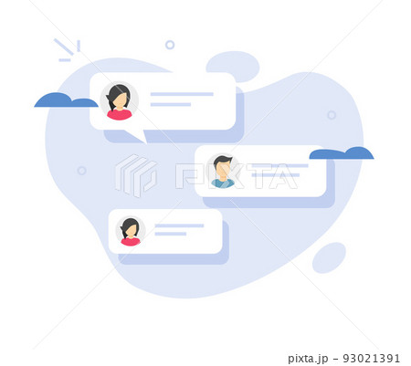 Chat message concept vector bubble speech as online talk person man and woman, flat cartoon dialog comments abstract illustration, illustrated sms text messaging, modern conversation graphic image Chat message concept vector bubble speech as online talk person man and woman, flat cartoon dialog comments abstract illustration, illustrated sms text messaging, modern conversation graphic image 93021391
