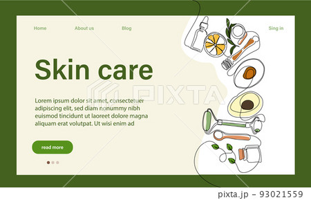 Skin care concept. Landing page template. Morning routine. Bath time. Organic products for scrubbing and body skin care with natural herbal skin care products, top view. Vector illustration 93021559