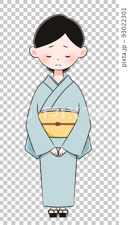 Illustration of a woman in a kimono bowing with a troubled face 93022301