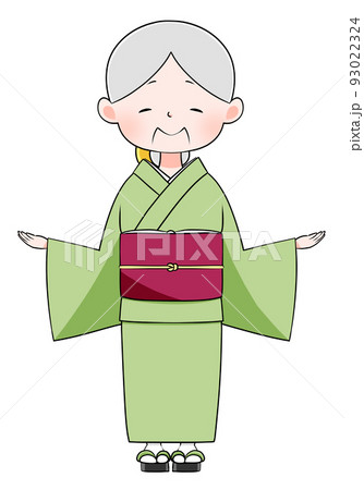 こちらになります(両手) にっこり微笑む着物を着たシニア女性のイラスト こちらになります(両手) にっこり微笑む着物を着たシニア女性のイラスト 93022324