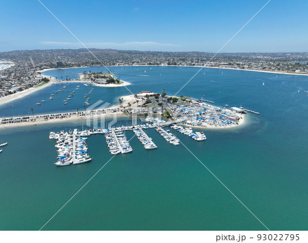 Aerial view of boats and kayaks in Mission Bay in San Diego, California. USA.  93022795
