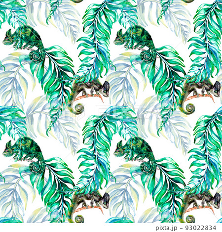 Chameleons on palm leaves ornate pattern watercolor illustration Chameleons on palm leaves ornate pattern watercolor illustration 93022834