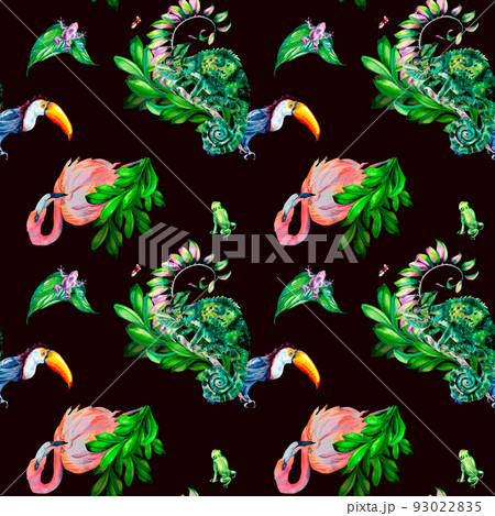 Tropical animals with floral ornate watercolor illustration seamless pattern on black 93022835