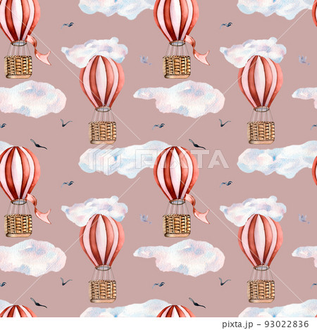 Retro hot air balloons vintage style watercolor illustration seamless pattern on purple. 93022836