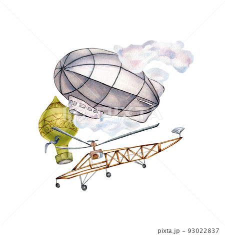Composition of vintage airplanes watercolor illustration isolated on white background. Composition of vintage airplanes watercolor illustration isolated on white background. 93022837