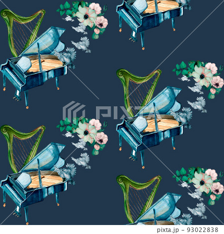 Grand piano, harp and flowers watercolor seamless pattern on dark. Grand piano, harp and flowers watercolor seamless pattern on dark. 93022838