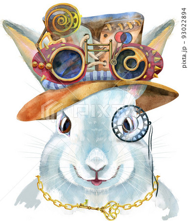 Watercolor illustration of a white rabbit in steampunk hat with goggles 93022894