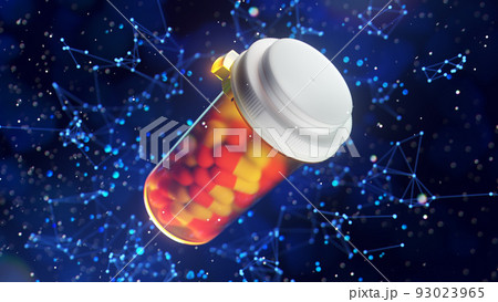 Medicine pills in orange glass pill bottle on a blue background. 3D Render 93023965