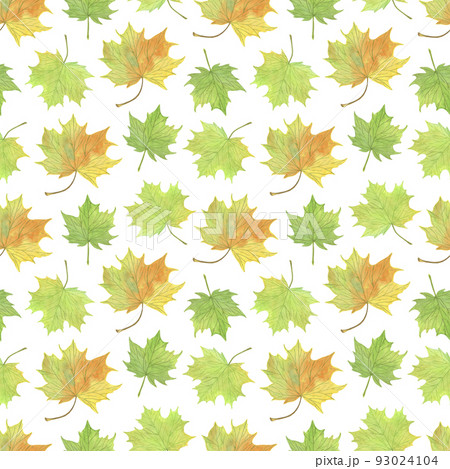 Autumn yellow, orange and green maple leaves seamless pattern watercolor illustration, simple seasonal repeat ornament for textile, fabric, gift paper, seasonal Thanksgiving holiday celebration design 93024104
