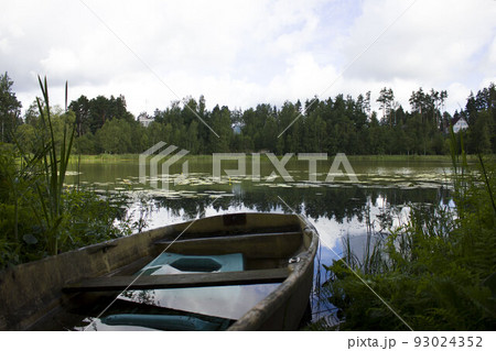 flooded wooden boat on the shore of a forest lake. on the other side of the house of rich people. living in an ecologically clean area. coniferous forest 93024352