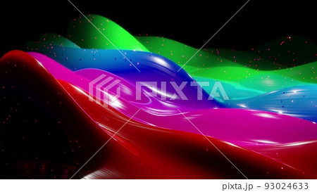 Abstract 3D festive background like surface of sweetness with beautiful waves on very shiny, glossy surface with glow glitter, luminous sparkles, bright rainbow color gradient. 3d render 93024633