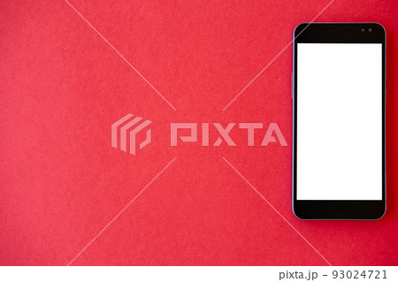 Mobile mockup. Online connection. Digital life. Smartphone with blank white screen isolated red copy space. 93024721