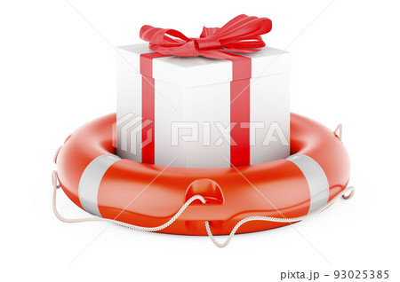 Gift box, present with lifebelt, 3D rendering Gift box, present with lifebelt, 3D rendering 93025385