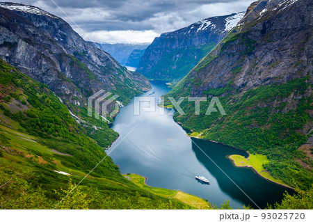 Naeroyfjord from above with ferry boat in western Norway, Scandinavia 93025720