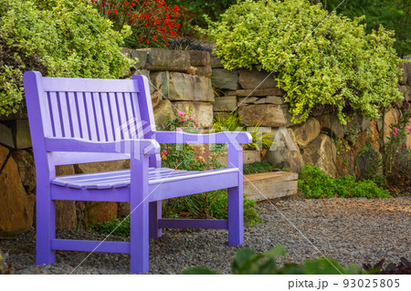 Idyllic corner with seat bench in Gramado garden, Southern Brazil 93025805