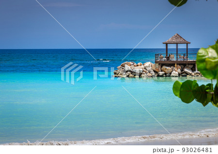 Tropical paradise, gazebo and caribbean turquoise beach in Montego Bay, Jamaica 93026481