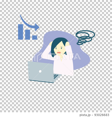 一個女人用下降的圖表/工作/文書工作/銷售抱著她的頭 一個女人用下降的圖表/工作/文書工作/銷售抱著她的頭 93026683