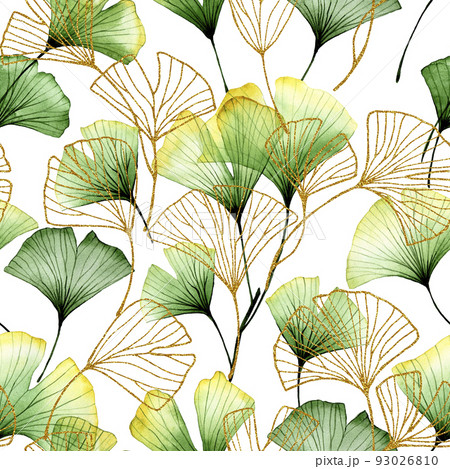 watercolor seamless pattern with tropical ginkgo leaves. green and golden leaves on a white background. vintage print, transparent leaves and flowers x-ray 93026810
