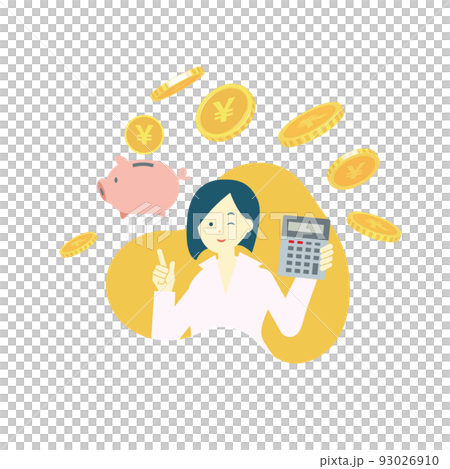 Flying money, a piggy bank, a calculator, and a woman/money/invest/earn 93026910