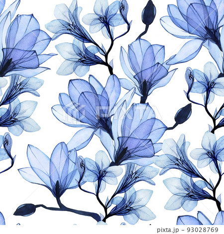 seamless watercolor pattern with blue transparent magnolia and freesia flowers. gentle vintage pattern, airy, x-ray. 93028769