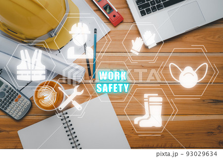 Work safety concept, Top view engineer office with VR screen work safety icon, First secure rules. Health protection, personal security people on job. Work safety concept, Top view engineer office with VR screen work safety icon, First secure rules. Health protection, personal security people on job. 93029634