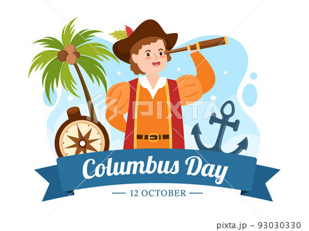 Happy Columbus Day National Holiday Hand Drawn Cartoon Illustration with Blue Waves, Compass, Ship and USA Flags in Flat Style Background 93030330