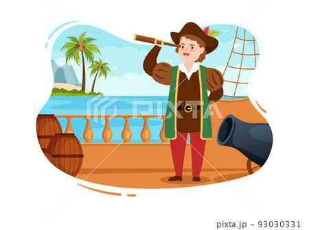 Happy Columbus Day National Holiday Hand Drawn Cartoon Illustration with Blue Waves, Compass, Ship and USA Flags in Flat Style Background Happy Columbus Day National Holiday Hand Drawn Cartoon Illustration with Blue Waves, Compass, Ship and USA Flags in Flat Style Background 93030331