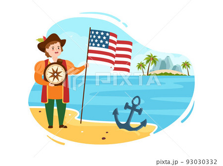 Happy Columbus Day National Holiday Hand Drawn Cartoon Illustration with Blue Waves, Compass, Ship and USA Flags in Flat Style Background 93030332