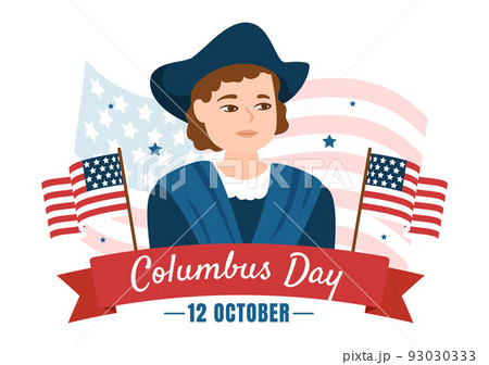 Happy Columbus Day National Holiday Hand Drawn Cartoon Illustration with Blue Waves, Compass, Ship and USA Flags in Flat Style Background 93030333