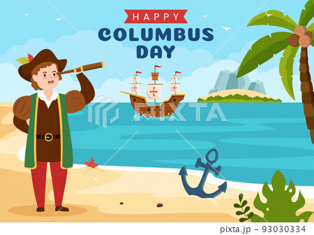 Happy Columbus Day National Holiday Hand Drawn Cartoon Illustration with Blue Waves, Compass, Ship and USA Flags in Flat Style Background 93030334