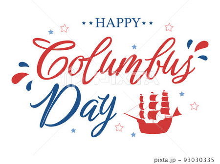 Happy Columbus Day National Holiday Hand Drawn Cartoon Illustration with Blue Waves, Compass, Ship and USA Flags in Flat Style Background 93030335