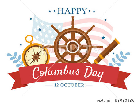 Happy Columbus Day National Holiday Hand Drawn Cartoon Illustration with Blue Waves, Compass, Ship and USA Flags in Flat Style Background Happy Columbus Day National Holiday Hand Drawn Cartoon Illustration with Blue Waves, Compass, Ship and USA Flags in Flat Style Background 93030336