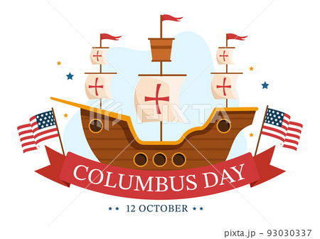 Happy Columbus Day National Holiday Hand Drawn Cartoon Illustration with Blue Waves, Compass, Ship and USA Flags in Flat Style Background 93030337