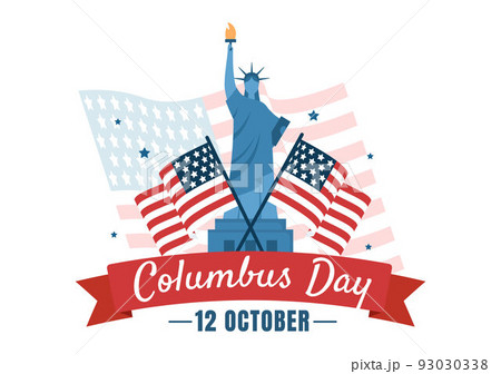 Happy Columbus Day National Holiday Hand Drawn Cartoon Illustration with Blue Waves, Compass, Ship and USA Flags in Flat Style Background 93030338