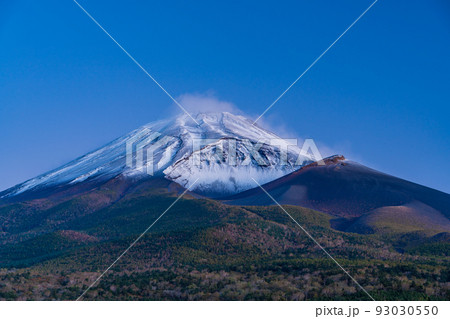 （静岡県）水ヶ塚公園から、紅葉・雪化粧した富士山　夜明け前 93030550